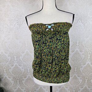 Free People Size Small Green Black Floral Print Strapless Tube Top Shells Beaded